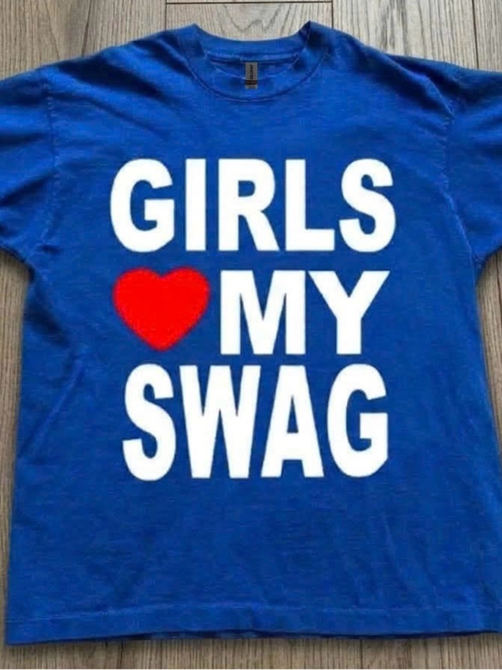 Gildan Blue Tee with White Text and Red Heart Graphic